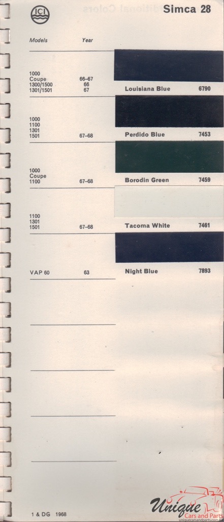 1963-1968 Simca Paint Charts Autocolor